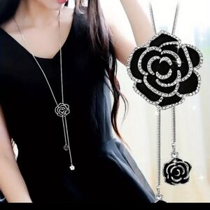 Black Rose Pendant Necklace Elegant